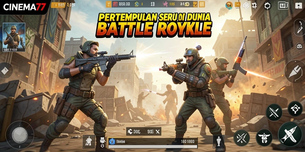 Screenshot gameplay CINEMA77 menampilkan aksi Battle Royale yang mendebarkan.